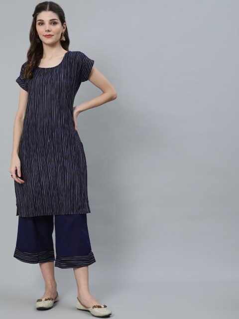 

Luni Women Blue & Brown Striped Pure Cotton Kurta with Cropped Palazzos