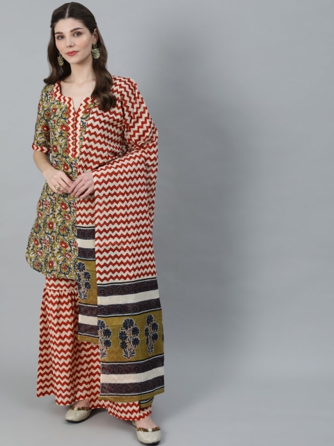 

Luni Women Green Floral & Maroon Printed Pure Cotton Kurta With Sharara & Dupatta