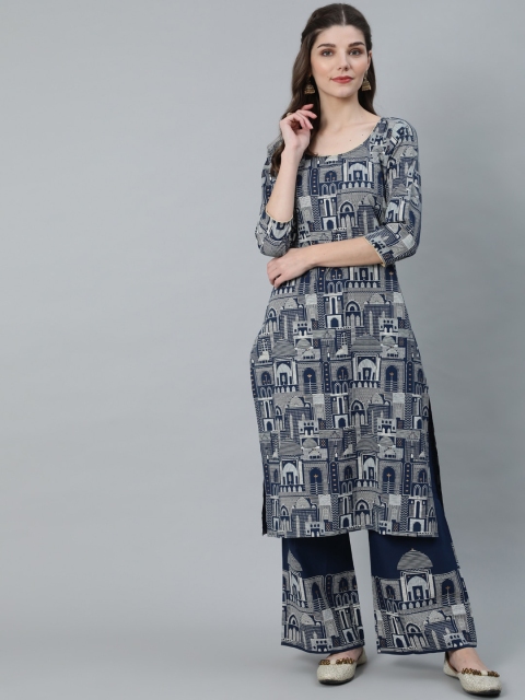 

Luni Women Blue Printed Panelled Pure Cotton Kurta with Palazzos