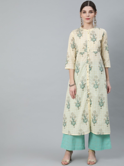 

Luni Women Cream & Green Floral Printed Panelled Pure Cotton Kurta With Palazzos