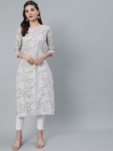 

Luni Women Grey Floral Printed Keyhole Neck Kurta