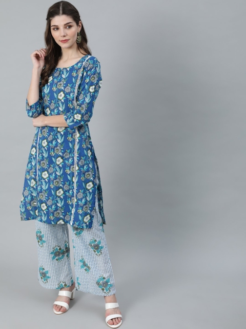 

Luni Women Blue Floral Printed Pure Cotton Kurta with Palazzos