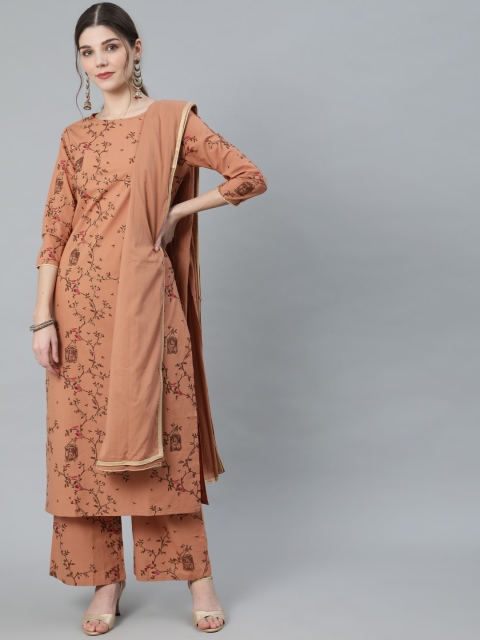 

Luni Women Brown Floral Printed Pure Cotton Kurta with Palazzos & With Dupatta