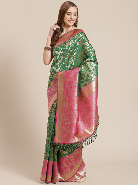 

SHANGRILA Green & Golden Woven Design Pure Silk Banarasi Saree