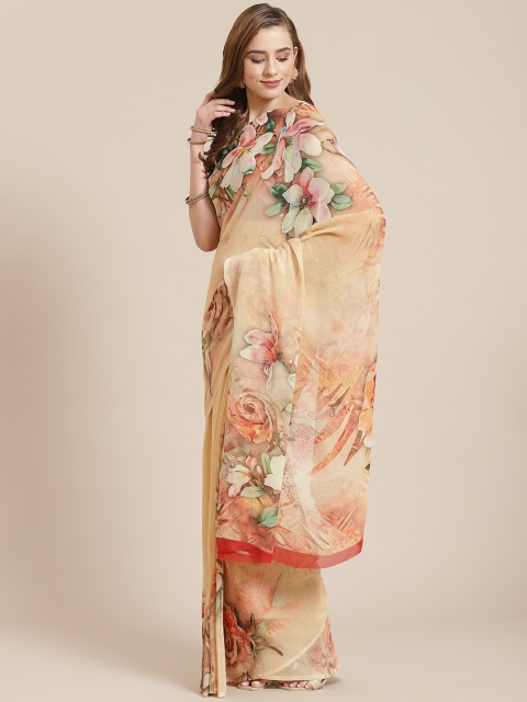 

SHANGRILA Beige & Green Digital Floral Print Art Silk Celebrity Saree