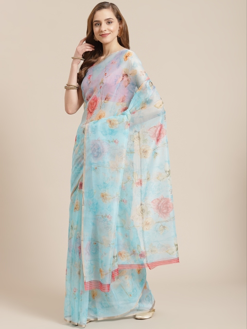 

SHANGRILA Blue & Pink Floral Printed Organza Saree