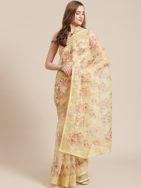

SHANGRILA Yellow Floral Pure Silk Ready to Wear Banarasi Saree