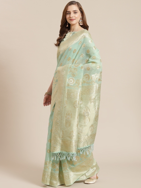 

SHANGRILA Green & Gold-Toned Ethnic Motifs Organza Ready to Wear Khadi Saree