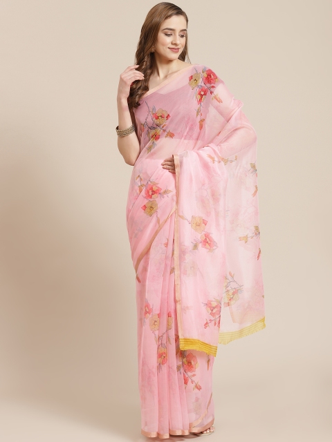 

SHANGRILA Pink & Red Floral Printed Organza Saree
