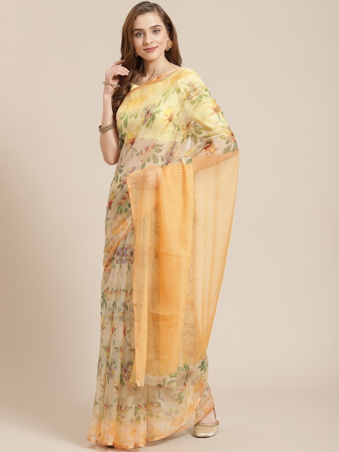

SHANGRILA Yellow & Green Floral Printed Organza Saree