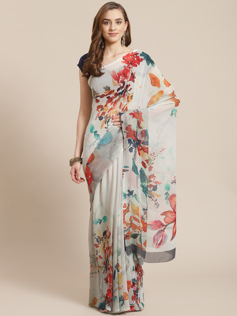 

SHANGRILA Off White & Red Floral Printed Art Silk Saree