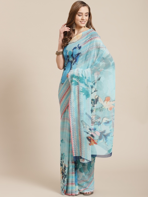 

SHANGRILA Blue & Pink Digital Floral Print Celebrity Art Silk Saree