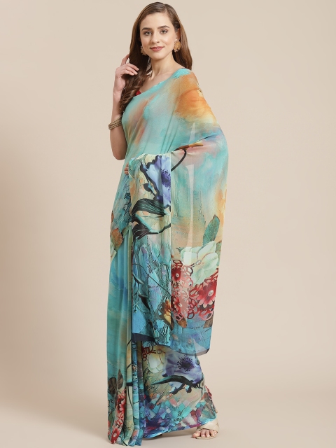 

SHANGRILA Blue & Green Digital Floral Print Celebrity Art Silk Saree