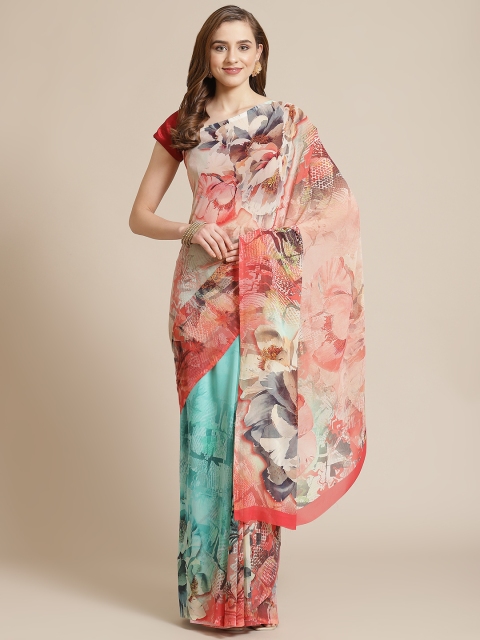 

SHANGRILA Blue & Red Floral Printed Art Silk Saree