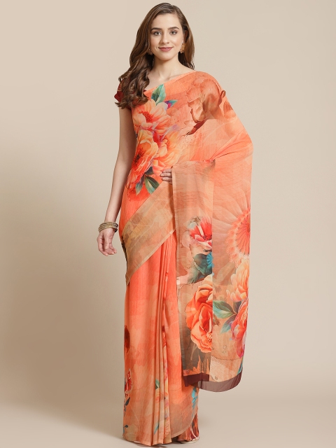 

SHANGRILA Orange Floral Printed Art Silk Saree