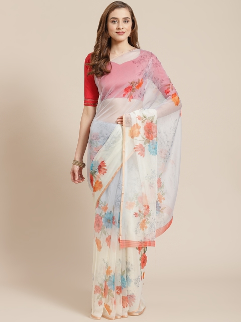 

SHANGRILA Off White & Orange Floral Printed Organza Saree