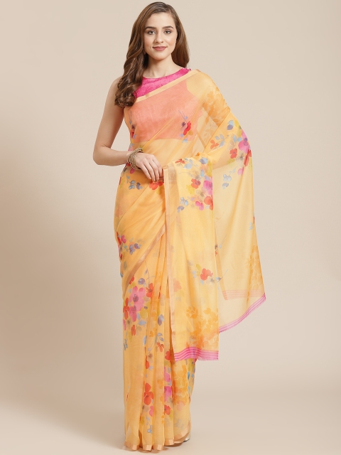 

SHANGRILA Mustard & Pink & Pink Floral Printed Organza Saree