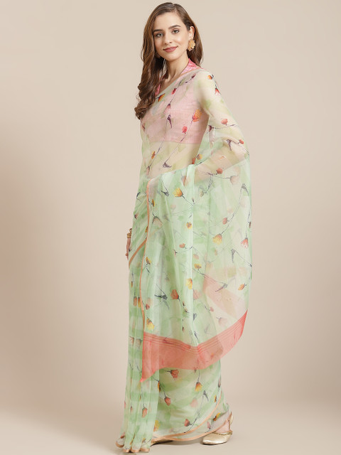 

SHANGRILA Green & Yellow Floral Printed Organza Saree