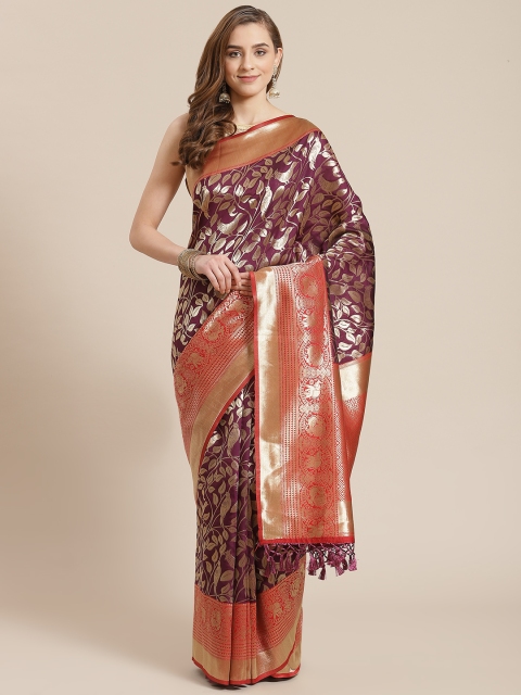 

SHANGRILA Maroon & Gold-Toned Floral Pure Silk Banarasi Saree