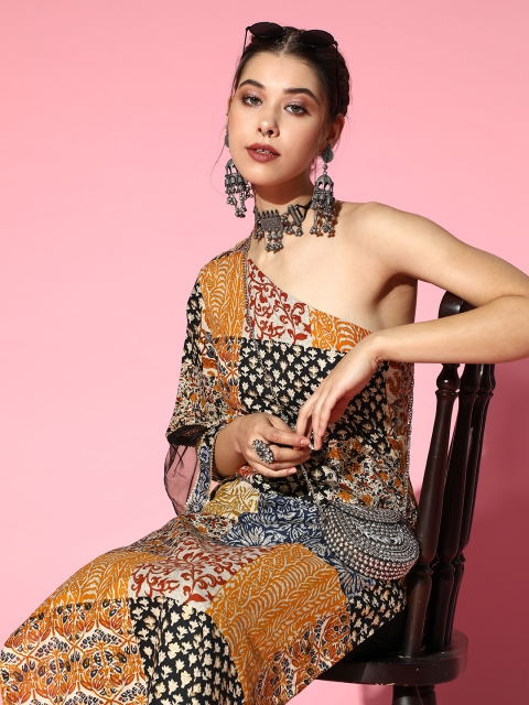 

Indo Era Ethnic Motifs Cotton Blend One-Shoulder Kurta Set, Mustard