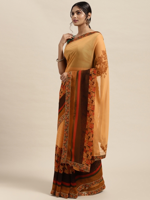 

Triveni Mustard Floral Beads And Stones Pure Georgette Saree