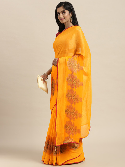 

Triveni Yellow Floral Brasso Saree