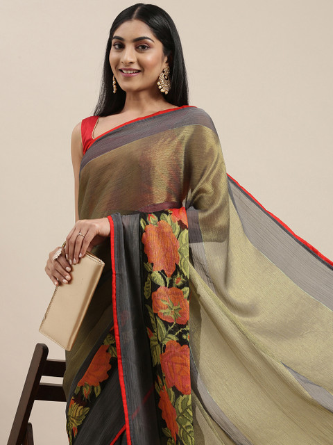 

Triveni Grey & Khaki Floral Brasso Saree