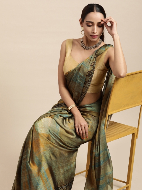 

Triveni Olive Green Printed Poly Chiffon Saree