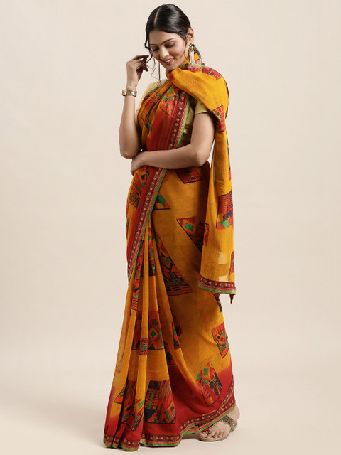 

Triveni Yellow Printed Pure Georgette Saree