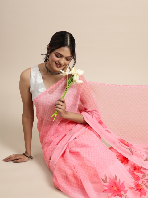 

Triveni Pink Floral Beads and Stones Pure Chiffon Saree