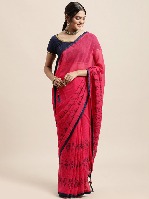 

Triveni Pink Striped Beads and Stones Pure Chiffon Saree
