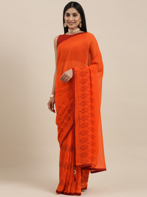 

Triveni Orange Printed Pure Chiffon Saree