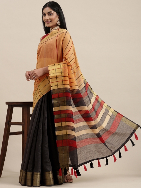 

Triveni Grey & Mustard Checked Pure Cotton Saree