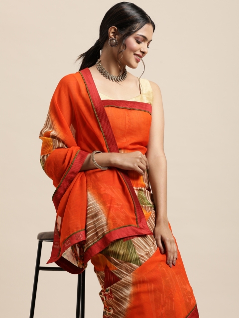 

Triveni Orange Printed Poly Georgette Saree