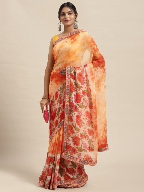 

Triveni Orange Floral Pure Georgette Saree
