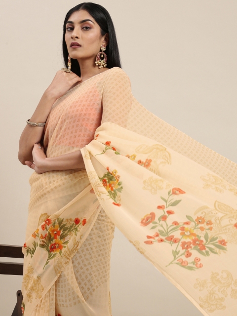 

Triveni Peach-Coloured Floral Beads and Stones Pure Chiffon Saree