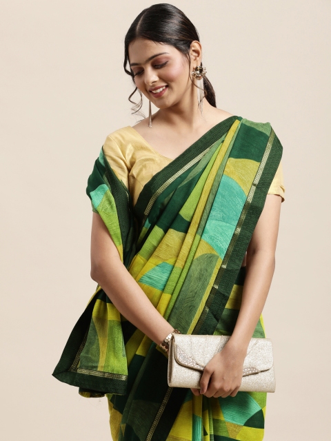 

Triveni Green & Blue Printed Poly Georgette Saree