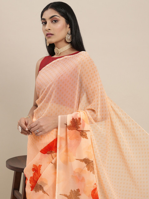 

Triveni Peach-Coloured Floral Beads and Stones Pure Chiffon Saree