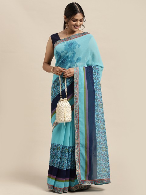

Triveni Blue Floral Beads and Stones Pure Georgette Saree