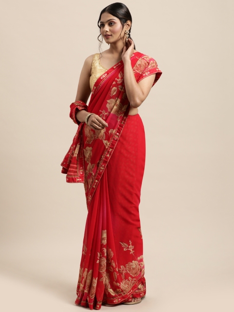 

Triveni Red Floral Pure Georgette Saree