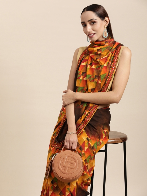 

Triveni Brown & Mustard Printed Poly Georgette Saree