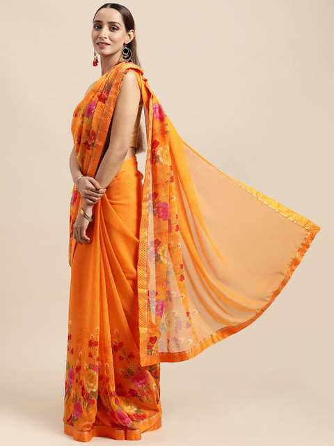

Triveni Orange Floral Pure Georgette Saree