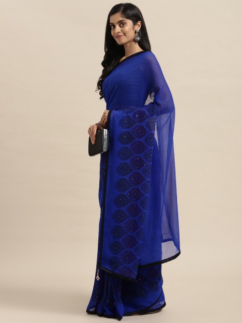 

Triveni Blue Embellished Beads and Stones Pure Chiffon Saree