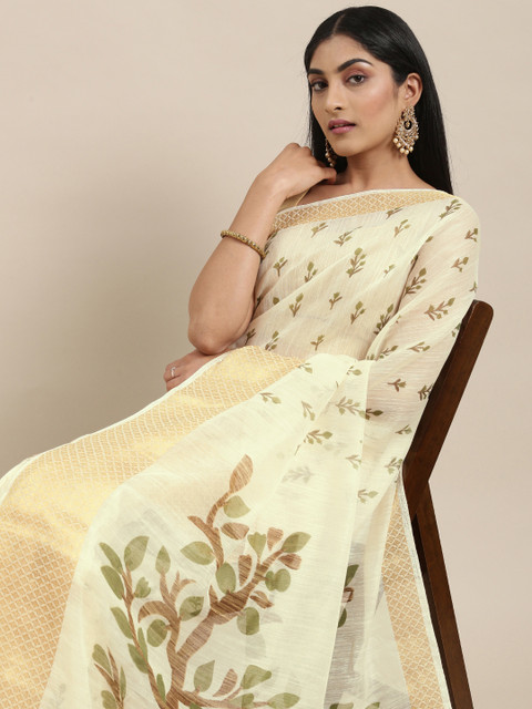 

Triveni Cream-Coloured Floral Pure Cotton Saree