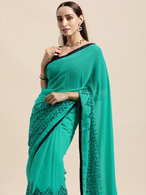 

Triveni Sea Green Embellished Beads and Stones Pure Chiffon Saree