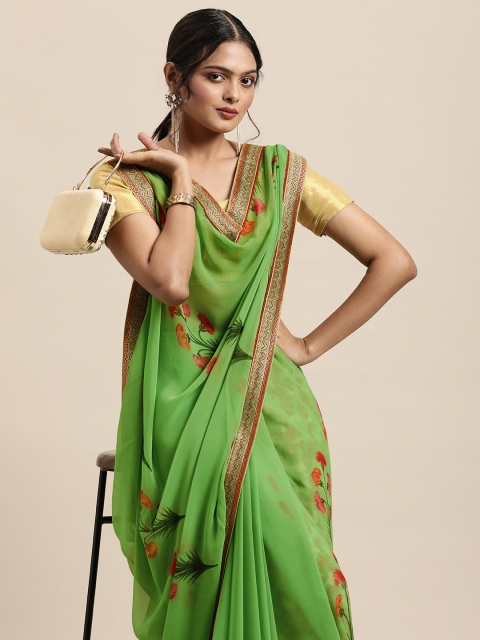 

Triveni Green Floral Printed Poly Georgette Saree