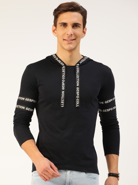 

GESPO Men Navy Blue Cotton Solid Hooded T-shirt