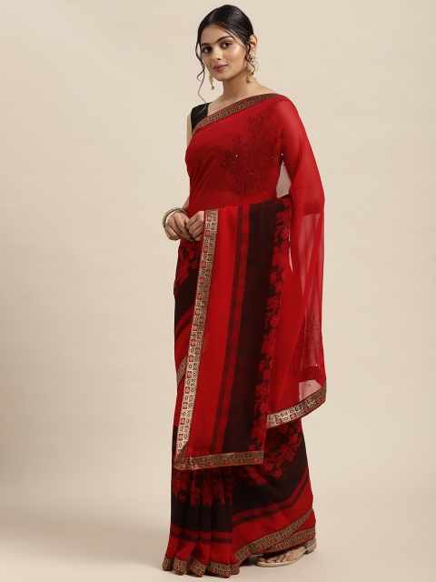 

Triveni Red Floral Beads and Stones Pure Georgette Saree