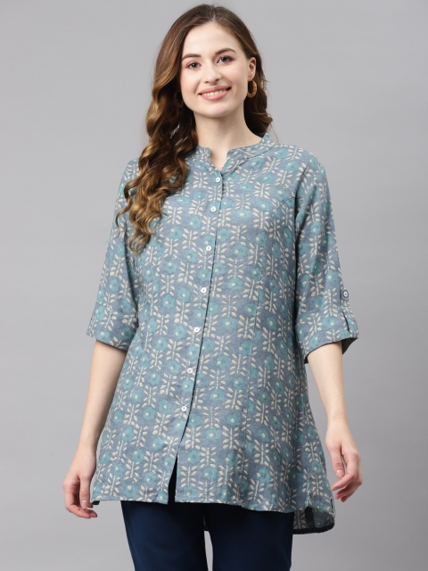 

Divena Blue & Sea Green Printed Mandarin Collar Roll-Up Sleeves A-Line Top