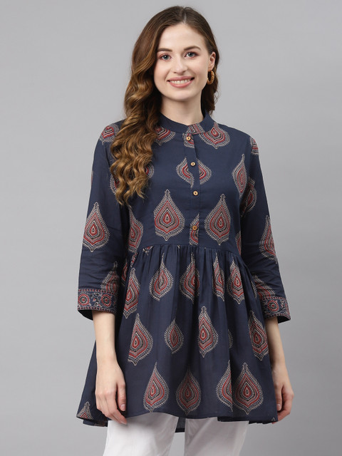 

Divena Women Navy Blue & White Ethnic Print Pure Cotton Peplum Top